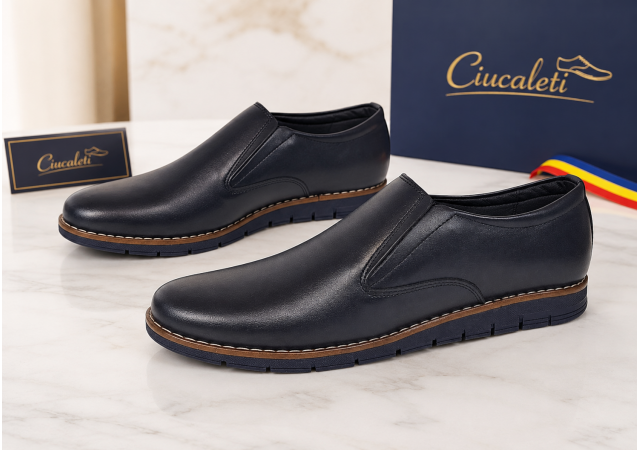 pantofi barbati bleumarin din piele naturala tip slip-on cu talpa confort 330EBLUE